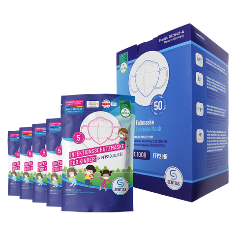 Sentias Family Set - 50er Karton FFP2 Atemschutzmasken + 5 Stück 5er Packungen Infektionsschutzmaske für Kinder